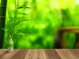 Wooden table on bamboo plant background ai generated photo