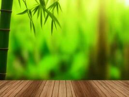 Wooden table on bamboo plant background ai generated photo