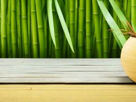 Wooden table on bamboo plant background ai generated photo