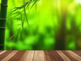 Wooden table on bamboo plant background ai generated photo