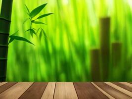 Wooden table on bamboo plant background ai generated photo