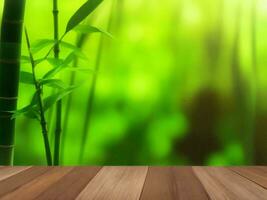 Wooden table on bamboo plant background ai generated photo