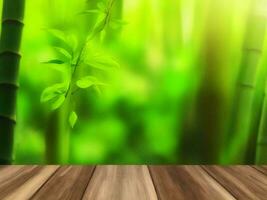 Wooden table on bamboo plant background ai generated photo