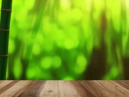 Wooden table on bamboo plant background ai generated photo