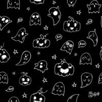 halloween seamless pattern white elements in doodle style on black background vector