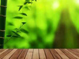 Wooden table on bamboo plant background ai generated photo