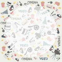 Cartoon vector hand-drawn Cinema frame. Colorful design background with movie objects and symbols border. camera, filmstrip, clapperboard, 3d glasses, popcorn.