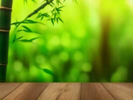 Wooden table on bamboo plant background ai generated photo