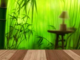 Wooden table on bamboo plant background ai generated photo