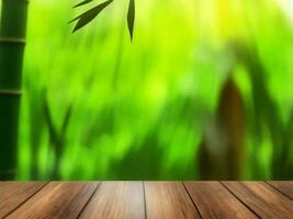 Wooden table on bamboo plant background ai generated photo