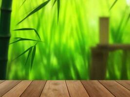 Wooden table on bamboo plant background ai generated photo