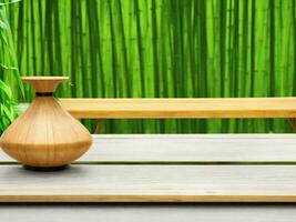 Wooden table on bamboo plant background ai generated photo