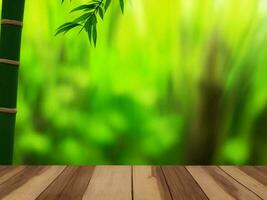 Wooden table on bamboo plant background ai generated photo