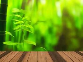 Wooden table on bamboo plant background ai generated photo