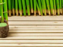 Wooden table on bamboo plant background ai generated photo