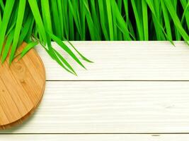 Wooden table on bamboo plant background ai generated photo