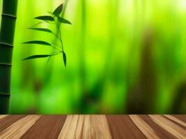 Wooden table on bamboo plant background ai generated photo