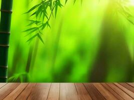 Wooden table on bamboo plant background ai generated photo