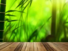 Wooden table on bamboo plant background ai generated photo