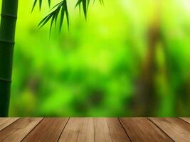 Wooden table on bamboo plant background ai generated photo