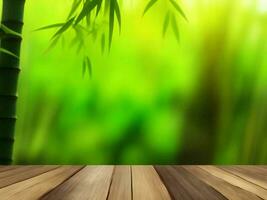 Wooden table on bamboo plant background ai generated photo