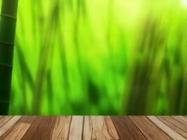 Wooden table on bamboo plant background ai generated photo