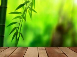 Wooden table on bamboo plant background ai generated photo