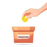 Hand putting coins in cardboard box with text donate vector