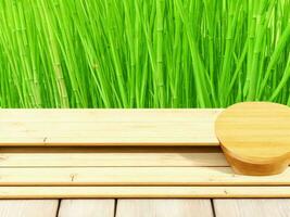 Wooden table on bamboo plant background ai generated photo