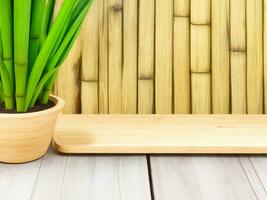 Wooden table on bamboo plant background ai generated photo