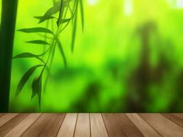 Wooden table on bamboo plant background ai generated photo