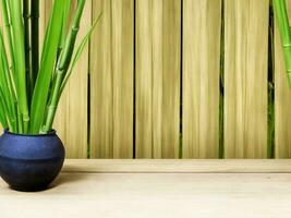 Wooden table on bamboo plant background ai generated photo