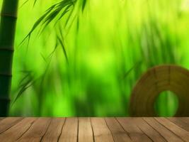 Wooden table on bamboo plant background ai generated photo