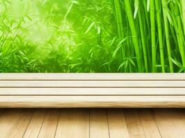 Wooden table on bamboo plant background ai generated photo