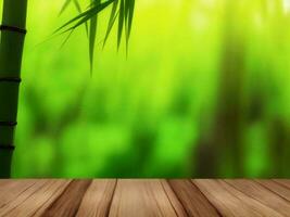 Wooden table on bamboo plant background ai generated photo