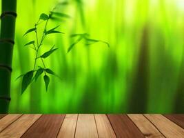 Wooden table on bamboo plant background ai generated photo