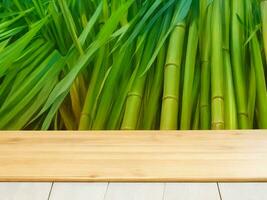 de madera mesa en bambú planta antecedentes ai generado foto