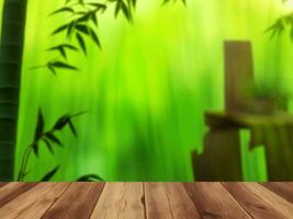 Wooden table on bamboo plant background ai generated photo