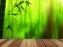 Wooden table on bamboo plant background ai generated photo