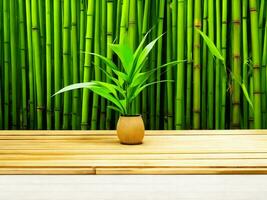 Wooden table on bamboo plant background ai generated photo