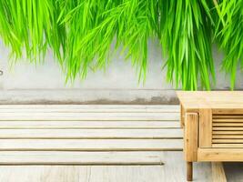Wooden table on bamboo plant background ai generated photo