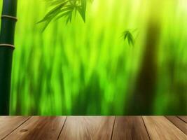 Wooden table on bamboo plant background ai generated photo