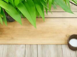 Wooden table on bamboo plant background ai generated photo