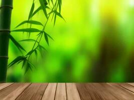 Wooden table on bamboo plant background ai generated photo