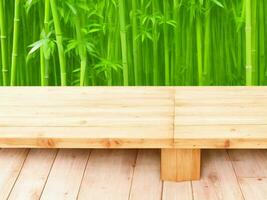 Wooden table on bamboo plant background ai generated photo