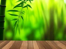 Wooden table on bamboo plant background ai generated photo