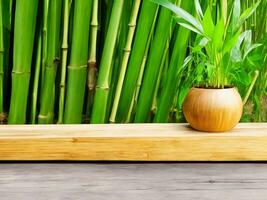 Wooden table on bamboo plant background ai generated photo