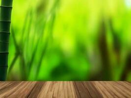 Wooden table on bamboo plant background ai generated photo