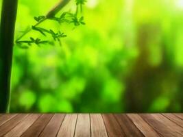 Wooden table on bamboo plant background ai generated photo