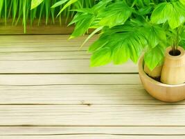 Wooden table on bamboo plant background ai generated photo